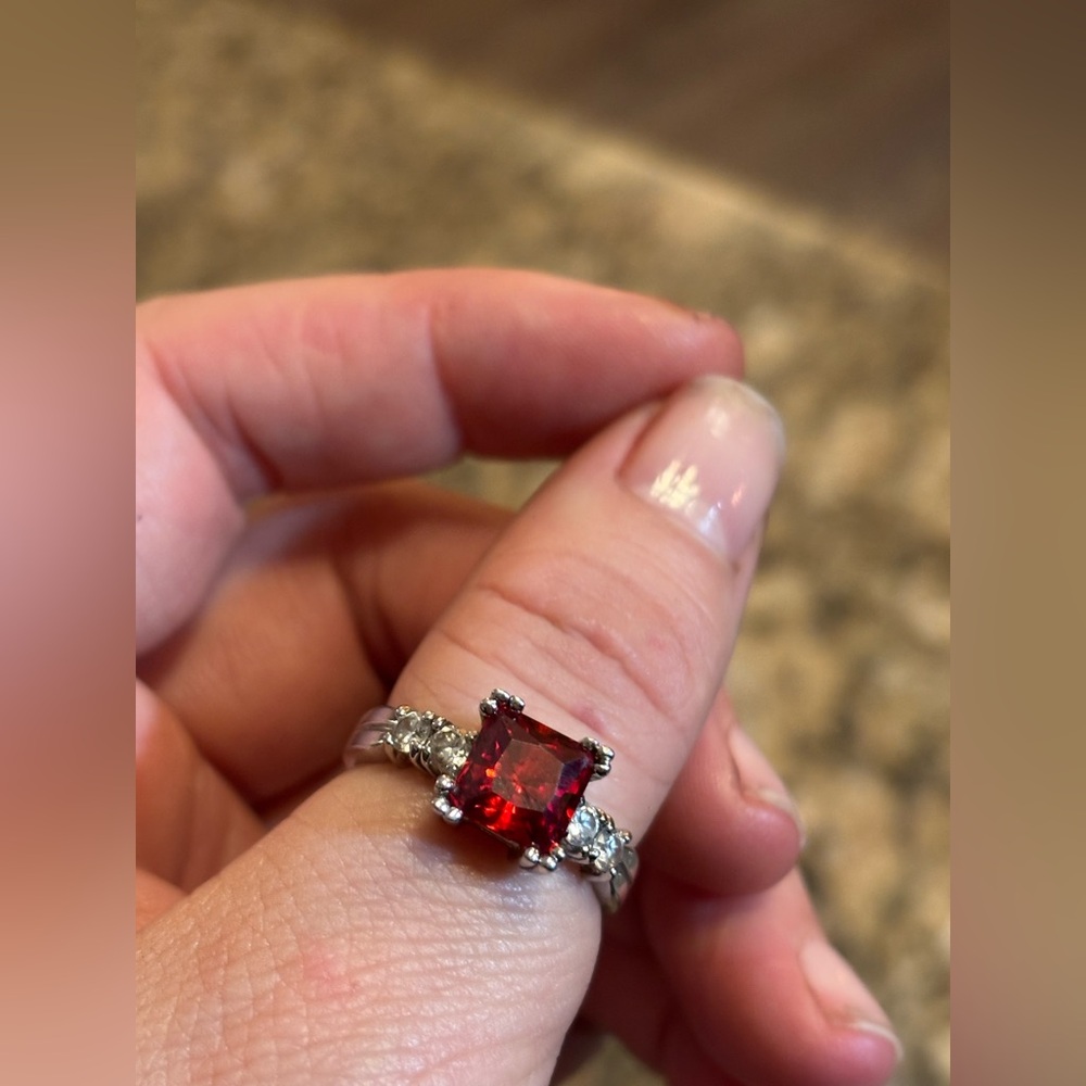 Vintage EDCO Silver-Tone Ring • Ruby Red Faceted Glass • Size 10 Cocktail Ring